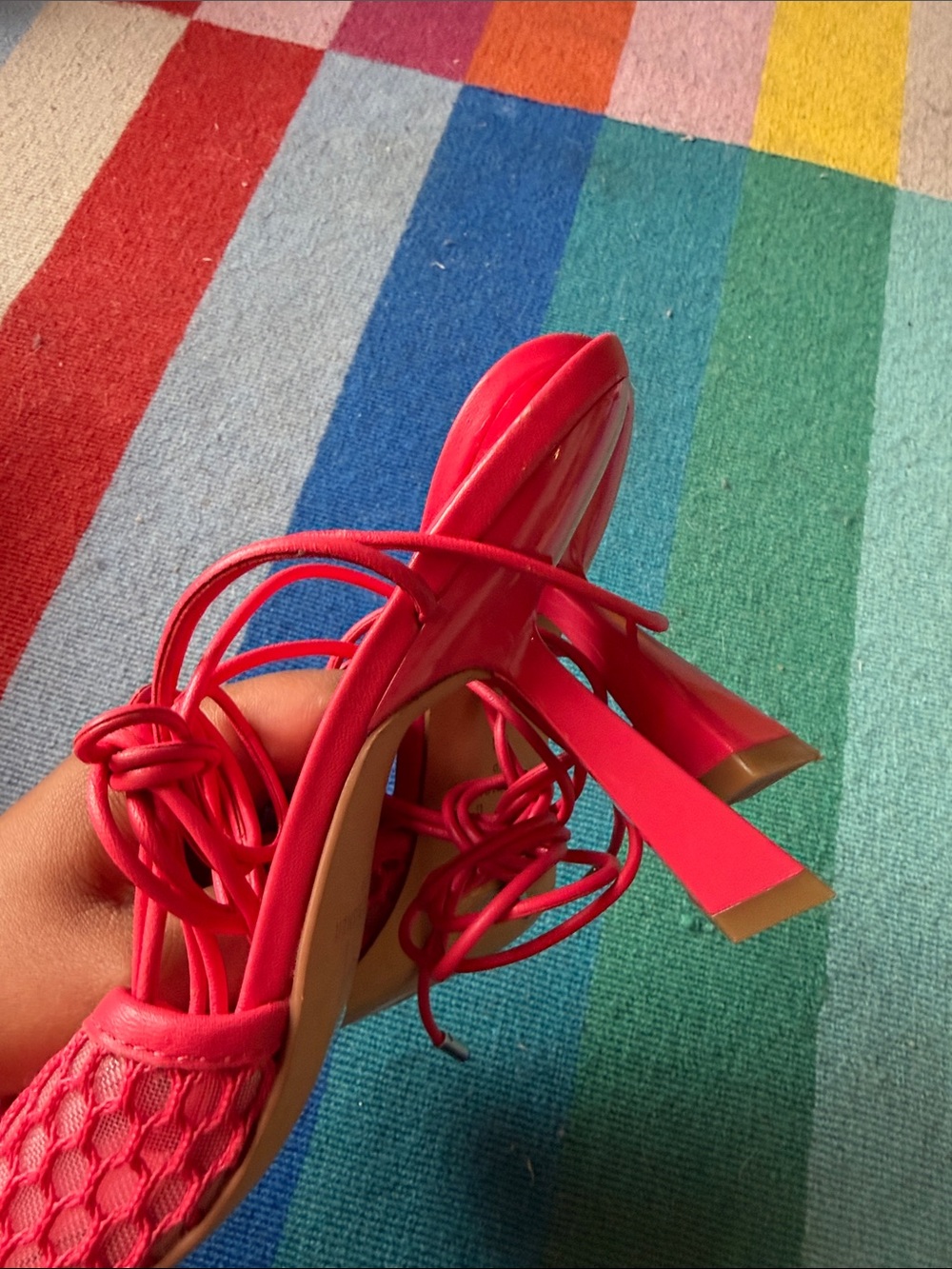 Marc Fisher Red Mesh Square-Toe Lace-Up Heels - Picture 4 of 4